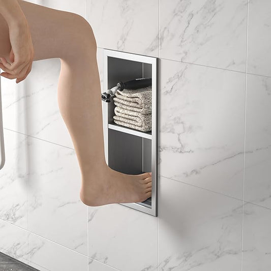 Shower Niche, 304 Stainless Steel Wall Niche Shower Stool for Bathroom, Recessed Shower Footrest w/Over Mount Installation, No Tile Need (Brushed, 12.3''x6'')