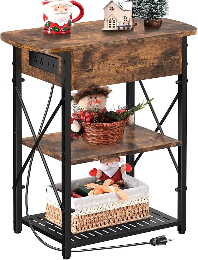 Narrow End Table with Charging Station, Side Table with 3 USB Ports and 2 AC Outlets, Flip Top End Table with Storage, Nightstand with Drawer, Side Tables Living Room, Bedroom, Brown