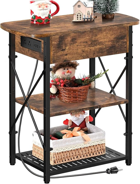 Narrow End Table with Charging Station, Side Table with 3 USB Ports and 2 AC Outlets, Flip Top End Table with Storage, Nightstand with Drawer, Side Tables Living Room, Bedroom, Brown