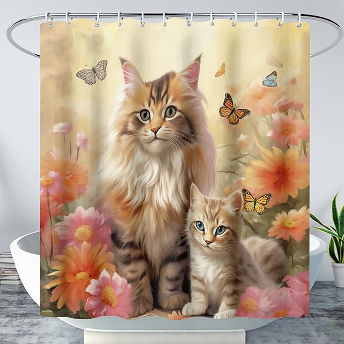 AILONEN Cartoon Kawaii Cat Shower Curtain for Kids Girls, 3D Cat Mum and Son with Flower Shower Curtain for Bathroom Decor,Cat Lovers Animal Waterproof Shower Curtains Sets with Hooks,72" W*78" H