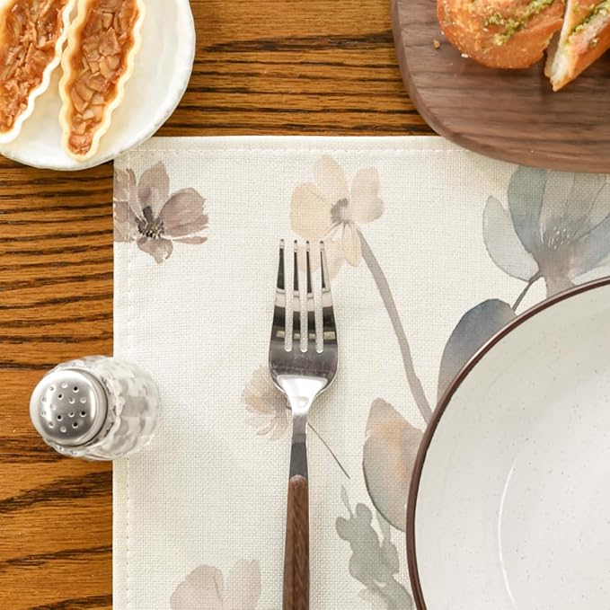 Artoid Mode Brown Poppy Floral Leaves Placemats Set of 6, 12x18 Inch Seasonal Summer Table Mats for Party Kitchen Dining Decoration