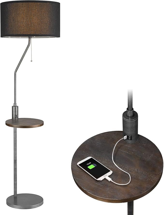 ELYONA C Shaped End Table Floor Lamp with USB A+C Charging Ports Wood Side Table Modern Reading Light Black Linen Shade Farmhouse Tall Standing Lamp for Living Room Bedroom Office LED Bulb Included