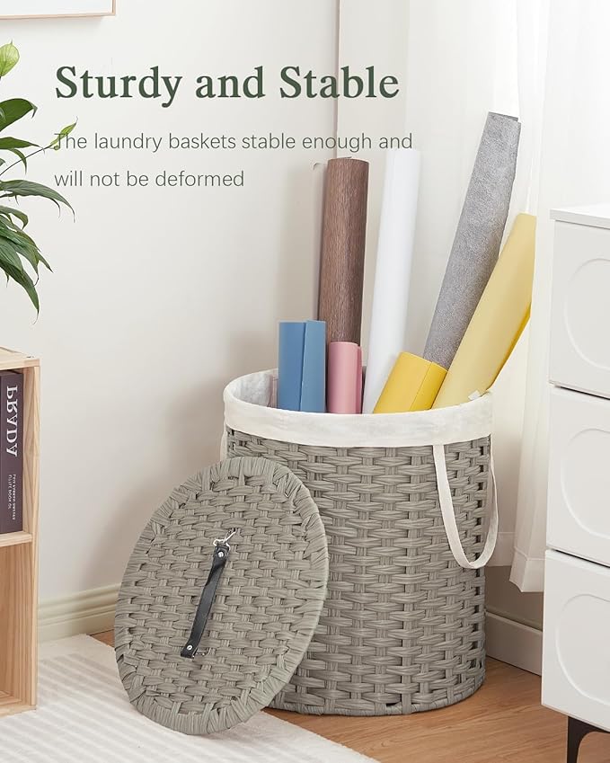 Laundry Hamper with Lid Wicker Laundry Hamper Round 26.5 Gal (100 L) Laundry Basket Handwoven Rattan Laundry Basket with Removable Bag Handles 2 Mesh Bags for Living Room Bedroom Gray