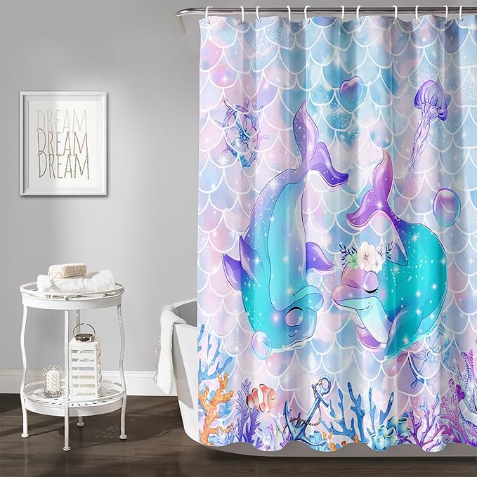 AILONEN Cute Dolphin Shower Curtain,Kawaii Ocean Dolphin Bathroom Curtain for Kids Girls Women,Cartoon Fish Scale Mermaid Bath Curtain 72" W*96" H Polyester Waterproof Shower Curtain with 12 Hooks