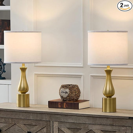 23" Modern Gold Lamps Set of 2 for Bedroom, Minimalist Gold Table Lamps for Living Room Set of 2, Small Gold Table Lamps for Nightstand Set of 2, with White Linen Drum Lampshade for Home Office