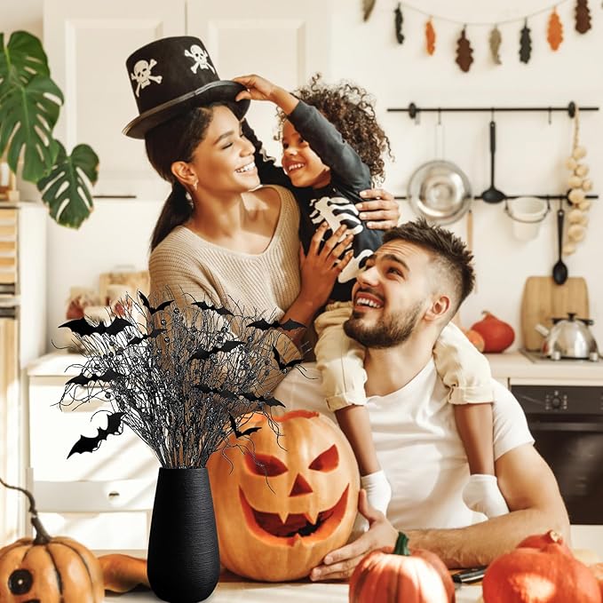 21Pcs Halloween Decorations Black Artificial Branches Picks Decor Berry Stems Tree Glittery Curly with 24Pcs Bats for Flowers Arrangement Floral Bouquet Vase Party Supplies