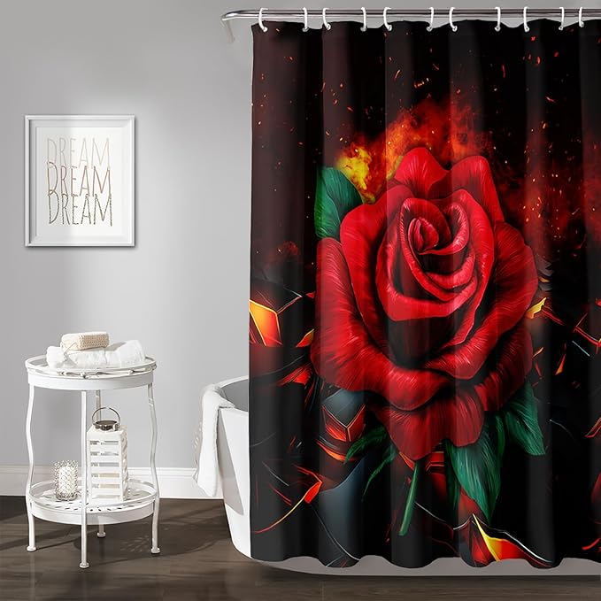 AILONEN Red Rose Shower Curtain for Bathroom, 3D Print Romantic Flower Bath Curtain,Modern Botanical Flame Fire Rose Flower Waterproof Shower Curtain Decoration with 12 Plastic Hooks, 72" W*96" H