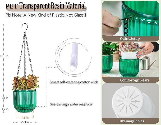 Melphoe 2 Pack Self Watering Hanging Planters Indoor Flower Pots, 5.3 Inch Outdoor Hanging Basket, Plant Hanger with 3Hooks Drainage Holes for Garden Home (Emerald)