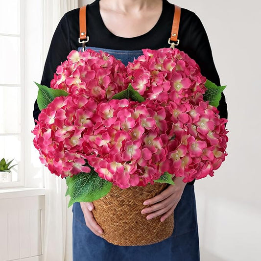 Magenta Pink Hydrangea Artificial Flowers, 5Pcs 20Inch Large Lifelike Faux Pink Flowers, Full Fake Artificial Hydrangeas with Stems for Bouquet Table Centerpieces Home