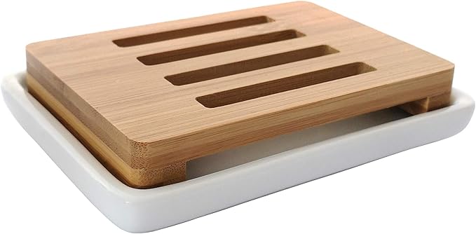 Lofekea Soap Dish Holder, Self Draining Soap Saver Bar Soap Holder for Shower Ceramic Soap Dish for Shower,Bathroom, Kitchen (Bamboo)