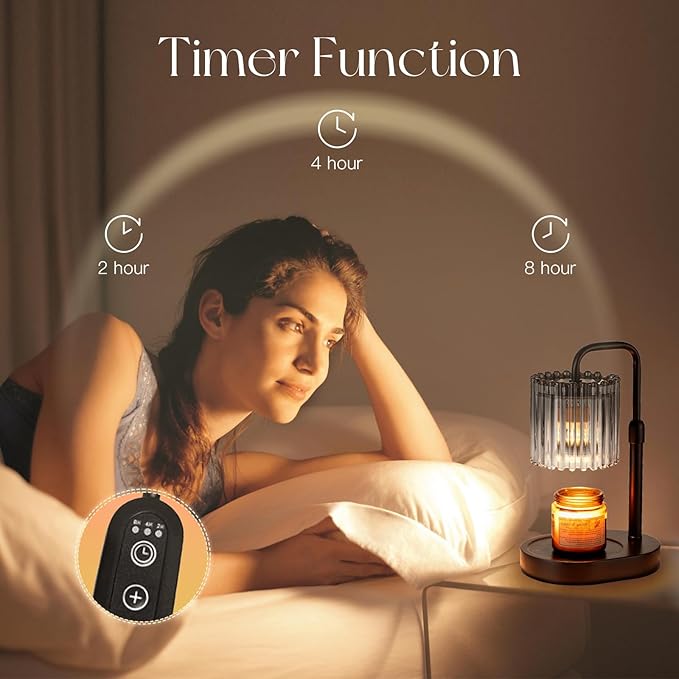 Candle Warmer Lamp with Timer: Black Candle Warming Lamp with 2 Bulbs Height Adjustable Wax Melt Warmer Dimmable Modern Bedroom Decor Gift for Women
