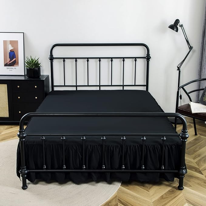 Bed Skirt Full Size Ruffled Bed Skirt with Split Corners, 14 Inch Drop Dust Ruffle Bed Skirt with Platform, Black