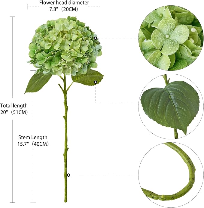 4PCS Green Fake Real Touch Hydrangea Flowers 20'' Lifelike Latex Artificial Hydrangeas for Spring Home Decor Outdoor Garden Porch Indoor Bathroom Living Room Kitchen Table Centerpiece