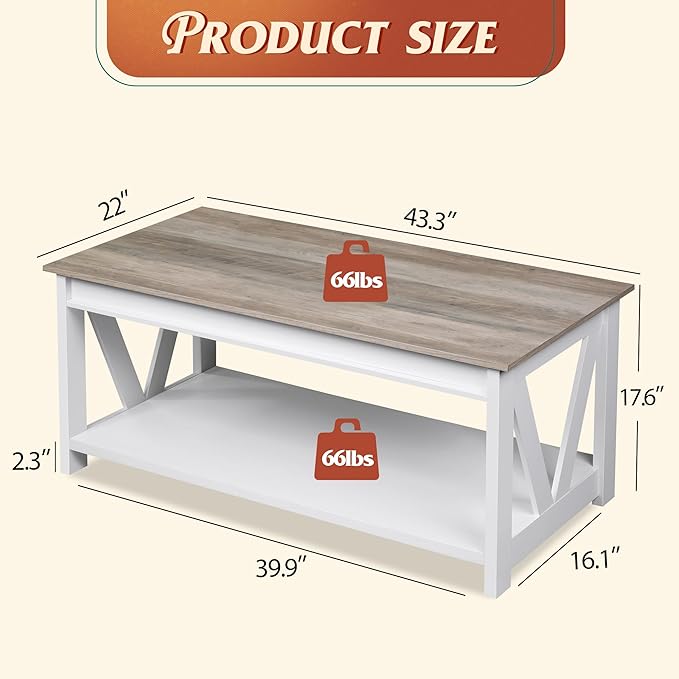 WLIVE Coffee Table, 43" Farmhouse Coffee Table with Storage Shelf & Sturdy V-Shaped Support, Wood Center Table for Living Room, Bedroom, Office and Balcony, White