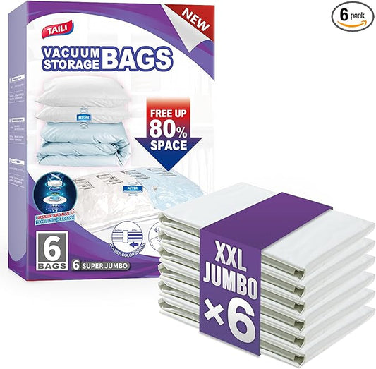 TAILI 6 Pack Vacuum Storage Bags for Comforter and Blankets, XXL Jumbo Vacuum Seal Bags for Bedding (47x39 Inch), Huge Space for Toy, Bedding, Pillows, Save More Closet Space