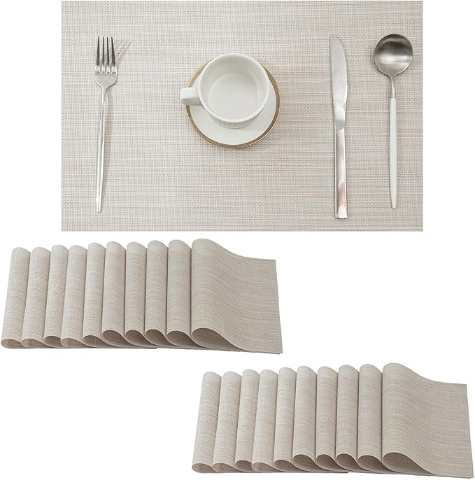 Leetaltree Beige White Placemats Set of 20 - Heat Resistant Non-Slip Place mats for Dining Table, Washable Durable PVC Vinyl Woven Table Mats（Beige White, 20）