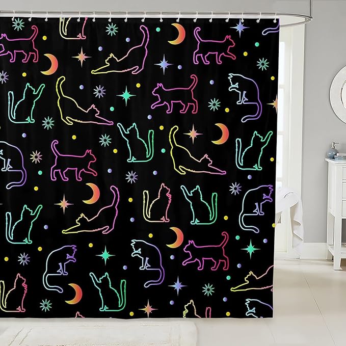 Cartoon Cats Kids Shower Curtains,Sun Moon Starry Sky Outer Space Boho Bathroom Curtains for Girls Boys,Cartoon Pet Animals Silhouettes Colorful Waterproof Curtains,12 Hooks Suits,72"W x 72"L