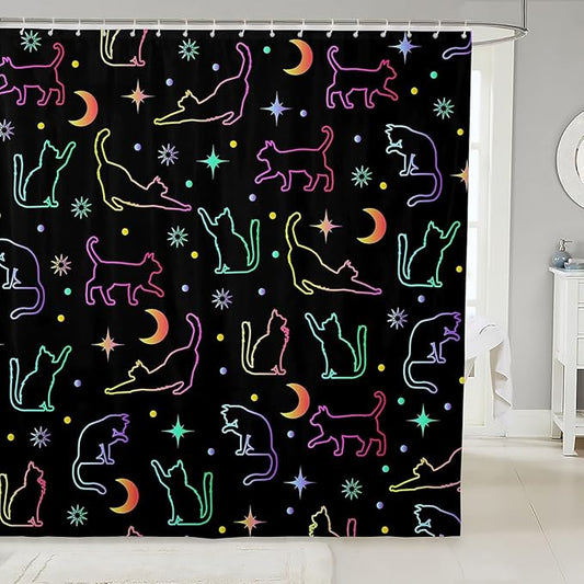 Cartoon Cats Kids Shower Curtains,Sun Moon Starry Sky Outer Space Boho Bathroom Curtains for Girls Boys,Cartoon Pet Animals Silhouettes Colorful Waterproof Curtains,12 Hooks Suits,72"W x 72"L