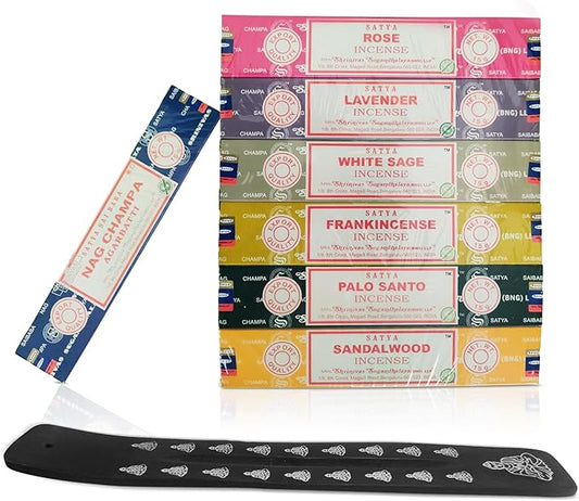 Incense Holder Bundled with Satya Sai Baba Incense Gift Set Nag Champa, White Sage, Lavender, Rose, Palo Santo, Frankincense, Sandalwood 15gms