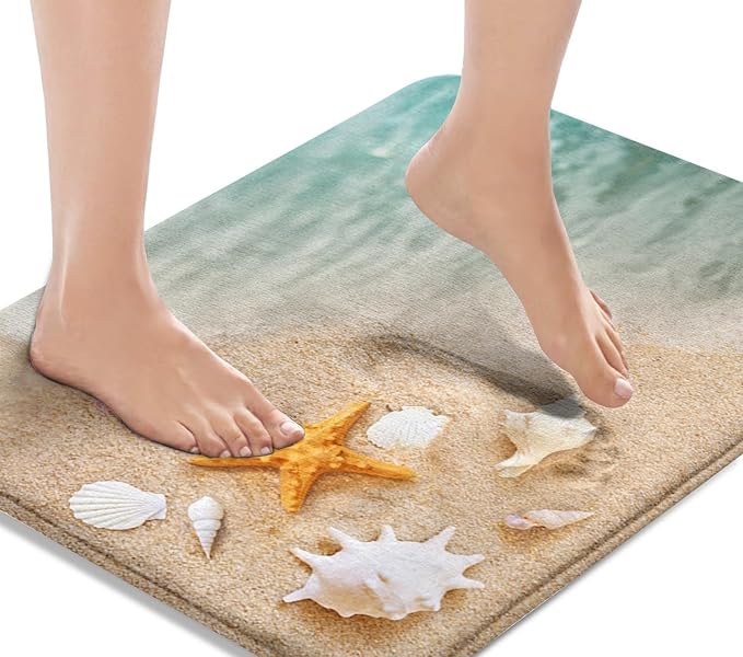 Britimes Bath Mat for Bathroom, Beach Starfish Sea Shell Washable Cover Floor Rug Carpets Floor Mat Bathroom Decorations 16x24 Inches for Kitchen Bedroom Indoor