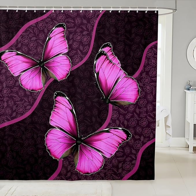 Feelyou Butterfly Shower Curtain 72"x84" Kids Butterflies Botanical Floral Print Bathroom Shower Curtain Set for Boys Girls Teens Geometric Stripes Bath Curtain Pink Bathroom Accessories