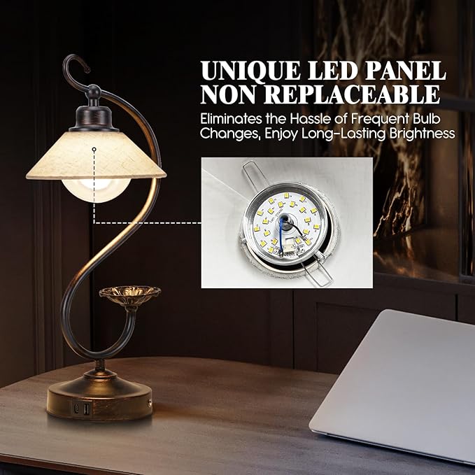 V05 Vintage Flower Table Lamp - Dimmable Nightstand Lamps with USB C+A Charging Ports, Farmhouse Touch Bedside Lamp, Unique Small LED Lamps for Bedroom, Living Room, Entry, Dining, Entryway