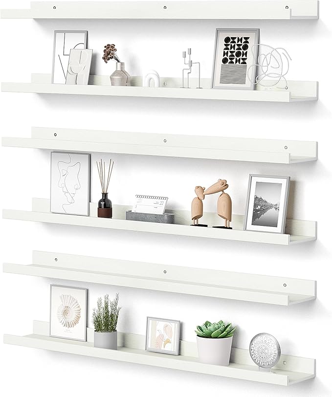 upsimples Floating Shelves for Wall, Wall Shelves for Decor Storage Set of 6, Wall Mounted Wood Shelves for Bedroom, Living Room, Bathroom, Kitchen, 35.5 inch Long Picture Ledge Shelves, White