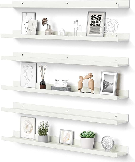 upsimples Floating Shelves for Wall, Wall Shelves for Decor Storage Set of 6, Wall Mounted Wood Shelves for Bedroom, Living Room, Bathroom, Kitchen, 35.5 inch Long Picture Ledge Shelves, White