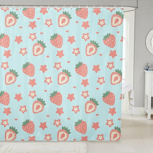 Feelyou Green Strawberry Bathroom Waterproof Accessories with 12 Hooks Kawaii Fruit Fabric Shower Curtain for Kids Boys Girls Cute Stars Strawberry Shower Curtain Kawaii Lovely Curtains,72x78 Inches