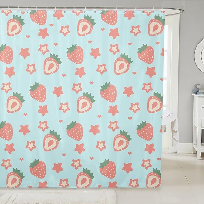 Feelyou Green Strawberry Bathroom Waterproof Accessories with 12 Hooks Kawaii Fruit Fabric Shower Curtain for Kids Boys Girls Cute Stars Strawberry Shower Curtain Kawaii Lovely Curtains,72x84 Inches