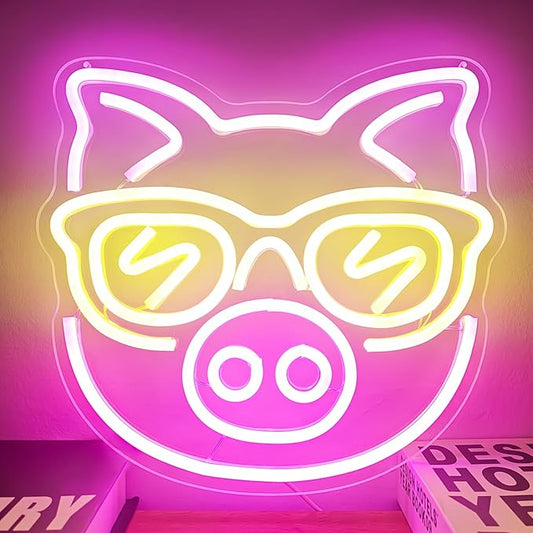SunGlasses Pig Neon Sign Cute Neon Led Sign for Wall Decor Neon Light Sign Light Up Sign for Bedroom Game Kids Room Bar Club Party Decor Gift