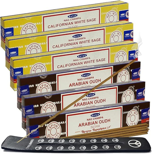 White Sage Arabian Oudh Incense Sticks & Holder Bundle Variety Pack from House of Nag Champa Incense Sticks and Trumiri