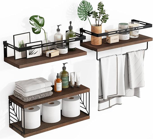 Fixwal 3+1 Tier Wall Mounted Bathroom Shelves Over Toilet, Rustic Wood Floating Shelves with Metal Frame and Towel Bar for Bathroom, Kitchen, Bedroom, Living Room (Dark Brown)