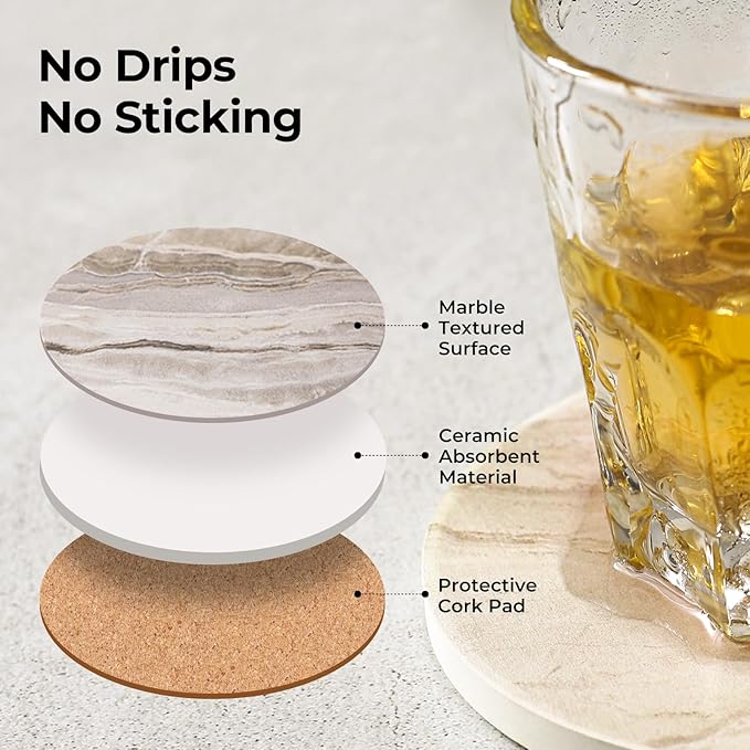 LlFVER Coasters Set of 8, Absorbent Drink Coasters with Holder, Marble Style Ceramic Stone Coasters for Drinks Coffee Tabletop Protection, Modern Furniture Coasters for Home Decor House Warming Gifts