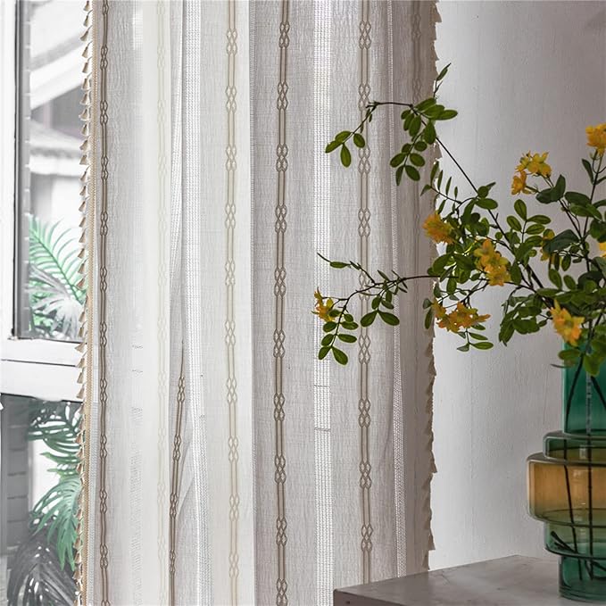Sutuo Home Boho Curtain for Bedroom 84 Inch Length, Light Filtering Country Farmhouse Vintage Shabby Chic Tassels Window Treatment Hollow Stripes Bohemian Embroidery Drape 1 Panel 52"W x 84"L, White