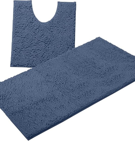 Bathroom Rugs Sets 2 Piece, Luxury Chenille Bath Mat Set, Soft Plush Anti-Slip Bath Rug + U-Shaped Toilet Mat. Microfiber Shaggy Carpet, Super Absorbent (24” x 36” & 20” x 24” U, Medium Blue)