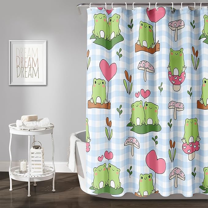 AILONEN Kawaii Frog Shower Curtain,Cute Cartoon Mushroom Frog Bath Curtain,Romantic Frog Couple Hearts Printed Waterproof Blue Stripe Curtain, 48" W x 72" H