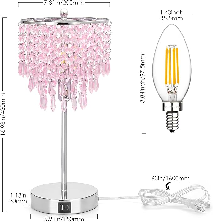 Crystal Touch Control Table Lamp with Dual USB Charging Ports, 3 Way Dimmable Bedside Lamp with Pink Shade, Decorative Nightstand Lamp for Girls Bedroom, Living Room, Office, B11 LED Bulb Included