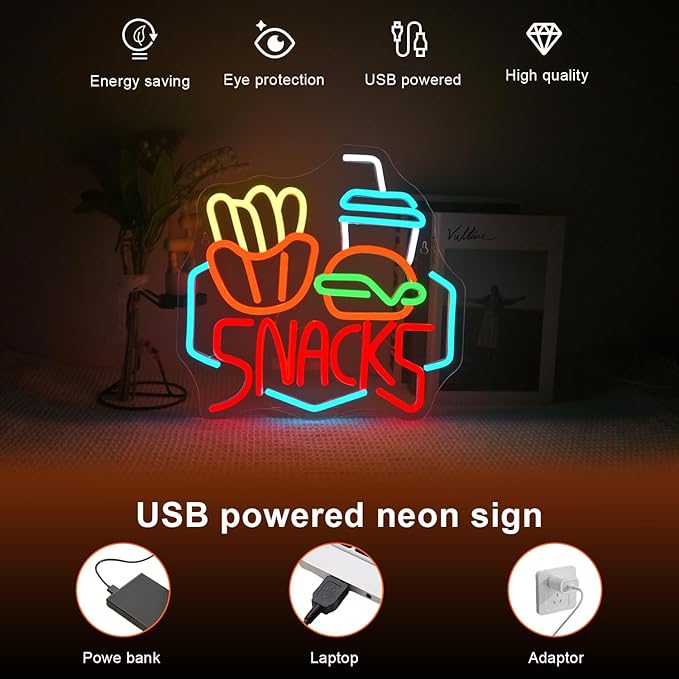 Lucunstar Snack Burger Fries Neon Sign,LED Sign for Burger Shop Decor,Hamburger LED Neon Light,USB Connectivity Neon Sign with Dimming switch for Restaurant,Kitchen,Store,Party,Bar Sign
