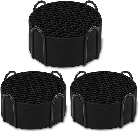 Silicone Coasters Set of 24 with Holder, Drinks Coasters, Beer & Coffee, Suitable for All Cups, Hot or Cold, Anti-Slip, Non-Stick, Anti-Overflow Tabletop Protection and Decor (Black, 24 Pcs)