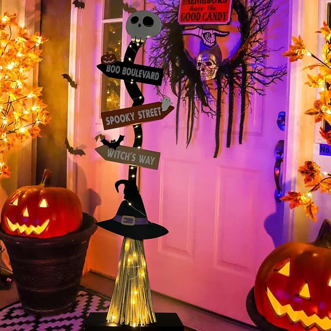 DAZONGE Halloween Decorations -Lighted Wooden Witch’s Broom for Indoor Outdoor Porch Yard Decor - Spooky Light up Halloween Witch Decorations Sign