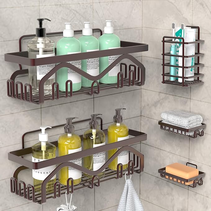 Coraje Shower Caddy, Shower Shelves [5-Pack], Adhesive Shower Organizer No Drilling, Large Capacity, Rustproof Bathroom Shower Organizer, Shower Shelf for Inside Shower (Brown)