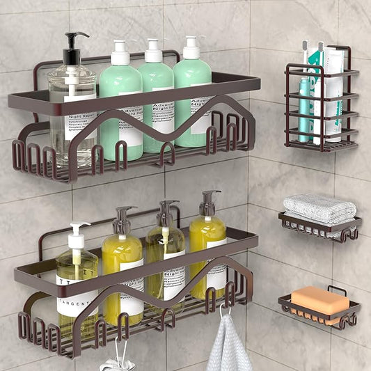 Coraje Shower Caddy, Shower Shelves [5-Pack], Adhesive Shower Organizer No Drilling, Large Capacity, Rustproof Bathroom Shower Organizer, Shower Shelf for Inside Shower (Brown)