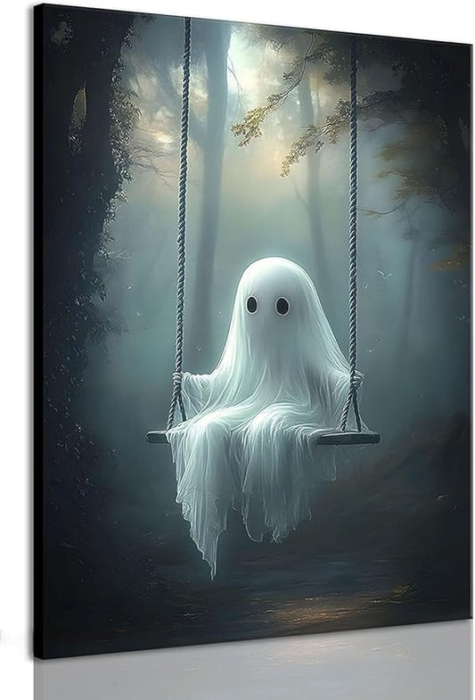 ILLBDR Cute Ghost Canvas Wall Art Halloween Decor Vintage Painting, Spooky Silhouette Ghost Haunted House Art, Bedroom Gothic Decor Ready to Hang, 12x16 Inch Framed
