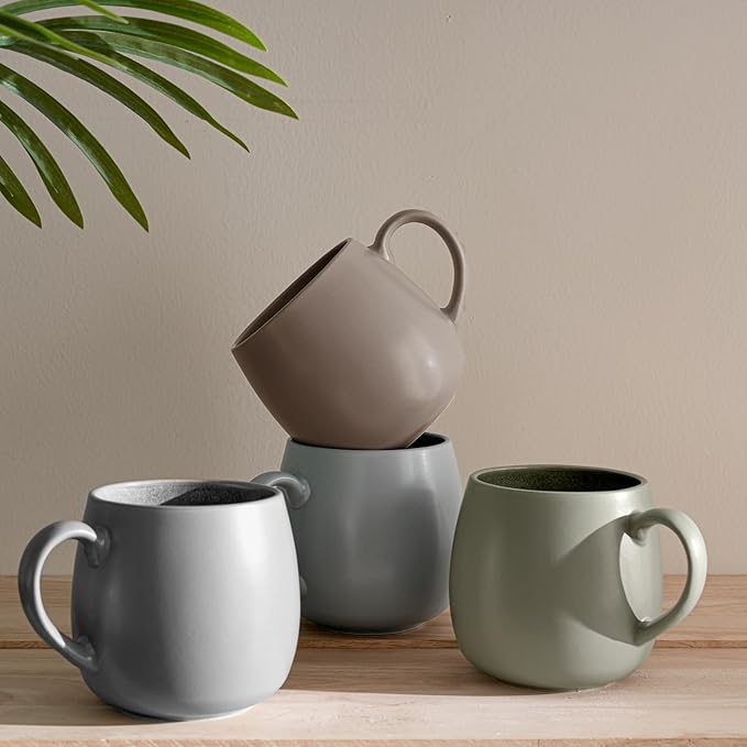 Ceramic Coffee Mugs Set of 6, 14oz - Modern Scandinavian Aesthetic Large Cup- Microwavable Stoneware Coffee Cups with Comfortable Handle - Tea Mug Set for Latte, Cappuccino, Soup - Taupe