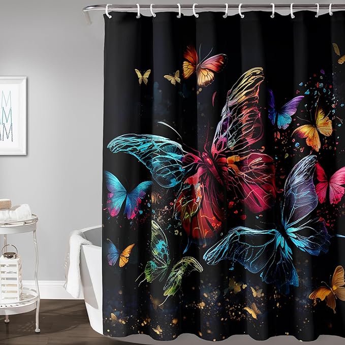 AILONEN Colorful Butterfly Shower Curtain, Tie Dye Butterfly Bath Curtain,Modern Fashion Minimalist Decorative Shower Curtain with 12 Plastic Hooks (Kids/Girls/Women/Teen/) Black 72" W*96" H