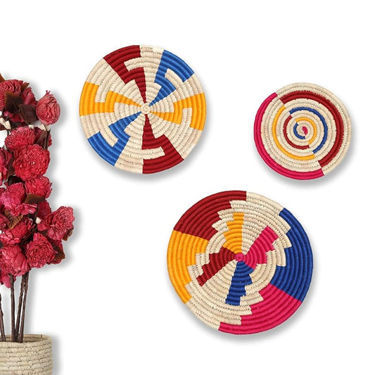 Set of 3 Round Boho Hanging Wall Basket Home Decor for Bedroom, Kitchen, Farmhouse Handmade Decorative Unique Indian Wall Decor Woven Wicker Baskets Christmas Gifting(Yellow Red Blue, Bright)