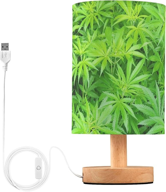 Table Lamp Marijuana Plant Green Cannabis Hemp Leaf Nightstand Lamp with Wood Base Fabric Lamp Shade Bedside Desk Lamp for Living Room Bedroom Kids Room Office