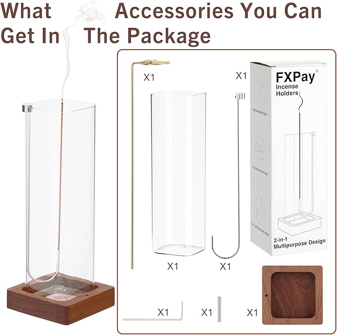 Incense Sticks Holder with Premium Glass Ash Catcher and Upside-Down Metal, Profession Anti-Ash Flying, Heat-Resistant Easy Clean for Yoga, Meditation, Home Decor (2 in 1 Design, Wooden Base)