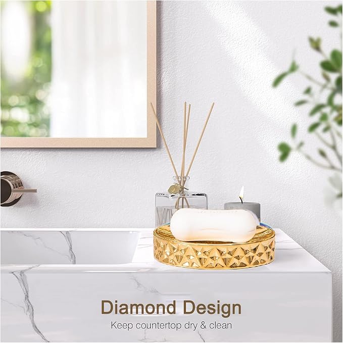 Gold Bathroom Counter Ceramic Soap Dish, Soap Dishes for Bar Soap, Oval Soap Dish for Shower Bathroom Kitchen Sink, Easy Clean -,Diamond